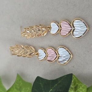 Gold Filled Tricolor Heart with Leaves Drop Earrings